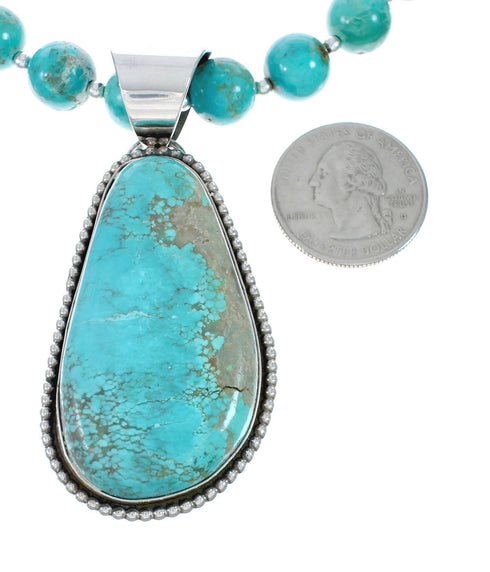 Navajo Turquoise Sterling Silver Bead Necklace And Pendant Set AX129500